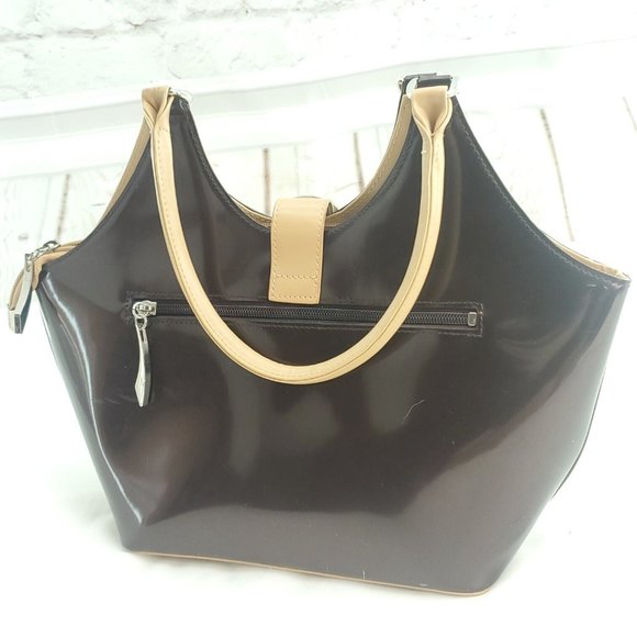Beijo Womens Dark Brown Patent Leather Buckle Front Inner Pockets Lined Handbag - Picture 2 of 10